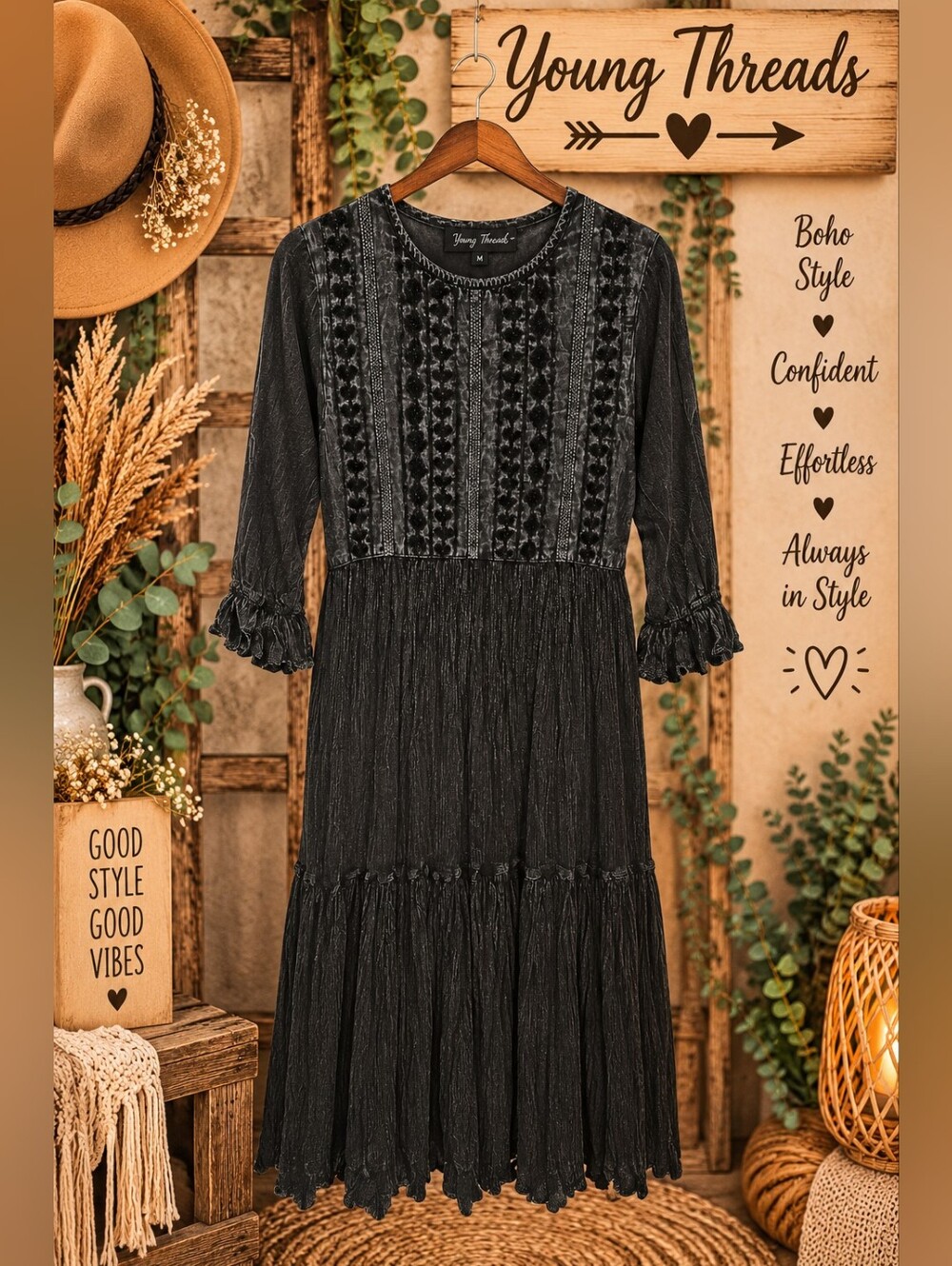 273 Young Threads Black Long-Sleeve Boho Midi Dress